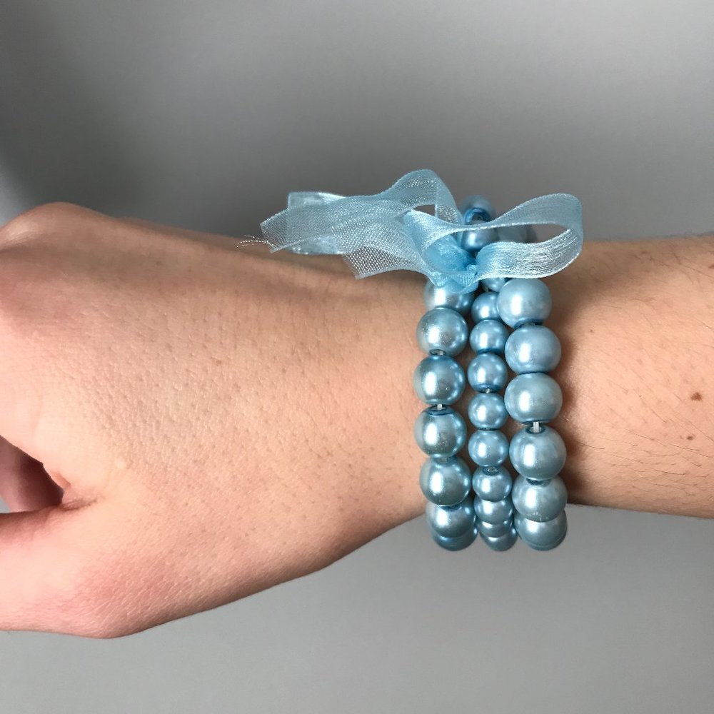 Blue Tri-Band Pearl Ribbon Bracelet | Jewelry Statement Costume | Women's Girl's